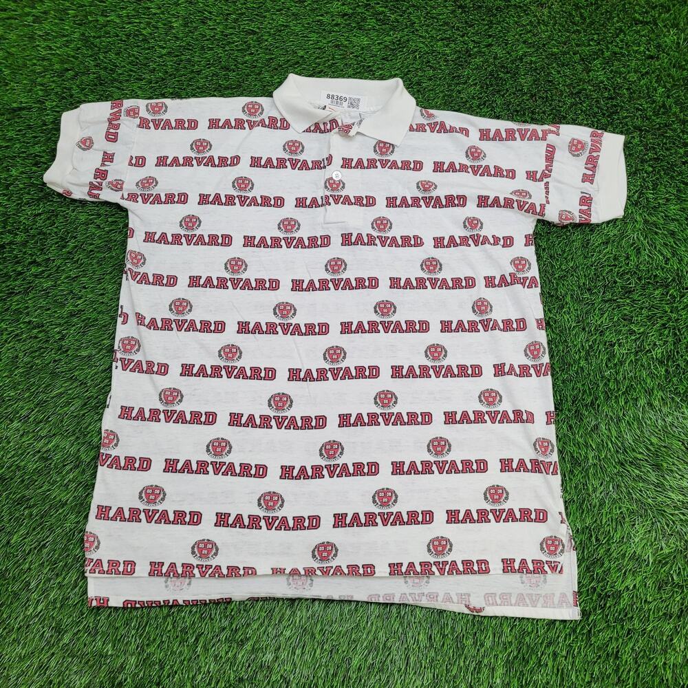 Vintage 90s Harvard University Polo Shirt 2XL 25x31 White Red AOP